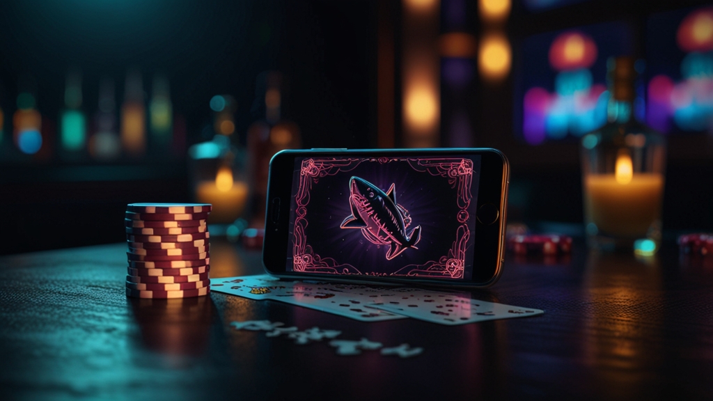 Smartphone mit App-Download im dunklen Casino-Ambiente