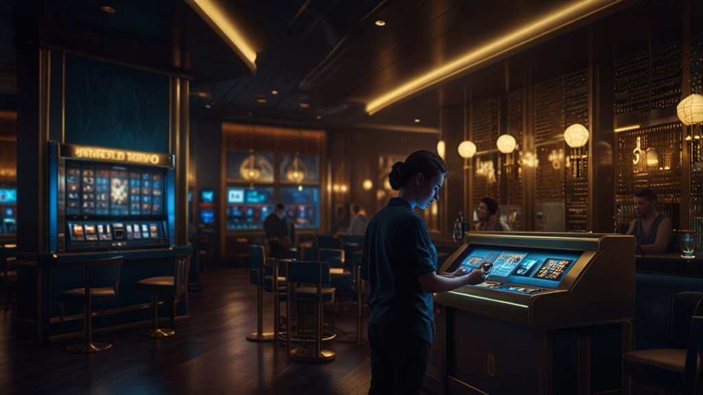 Dunkle Casino-Kasse mit Auszahlungsbildschirm und Smartphone